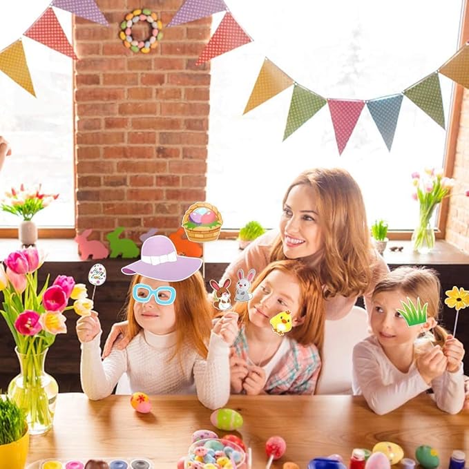 29Pcs DIY Photo Booth Props Kit - Attached Sticks Easter Props for Party Supply with Hat, Glasses, Lips, Mustaches & More Decoration Accessories