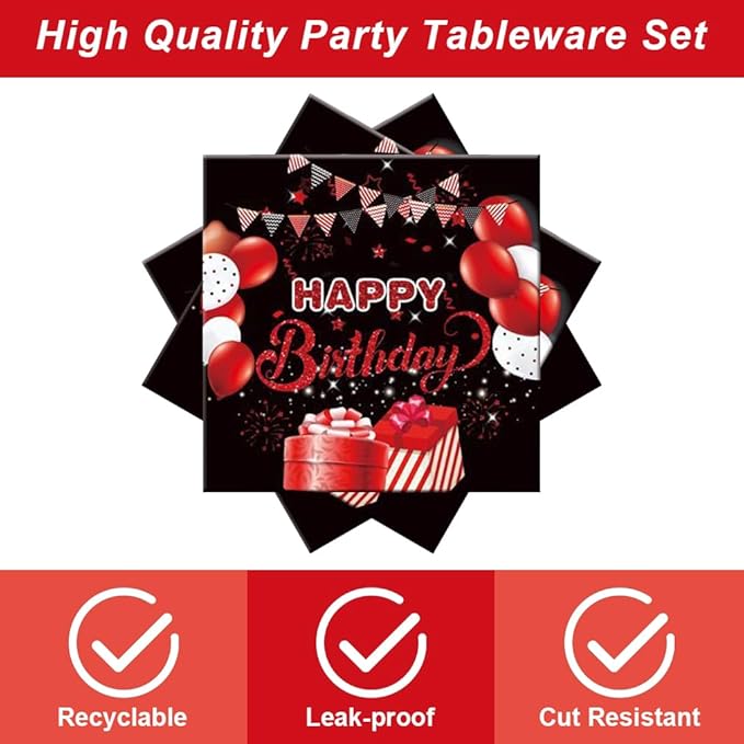 40pcs Red and Black Birthday Party Decorations Red Birthday Decorations Disposable Tableware Include Plates Napkins For 20 Guests