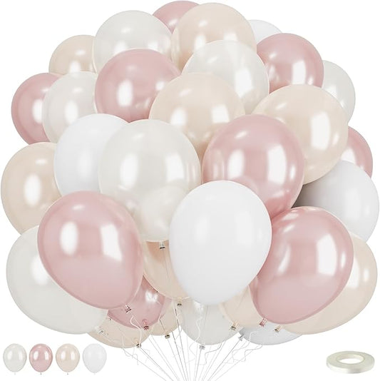 Double Stuffed Pearl White and Pink Balloons, 50pcs Double Stuffed Pearl Sand White Dusty Retro Pink Latex Balloons for Women Girls Boho Birthday Party Baby Shower Bridal Shower Wedding Engagement