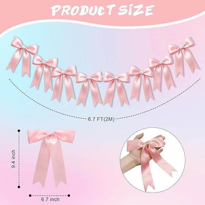 1 String of 8PCS Baby Pink&Baby Blue Bow Garland Banner Decoration,Pre-Strung Satin Ribbon Ornaments for Gender Reveal Party,Baby Shower,Birthday,Bridal Shower,Graduation Decor,Anniversary,Wedding