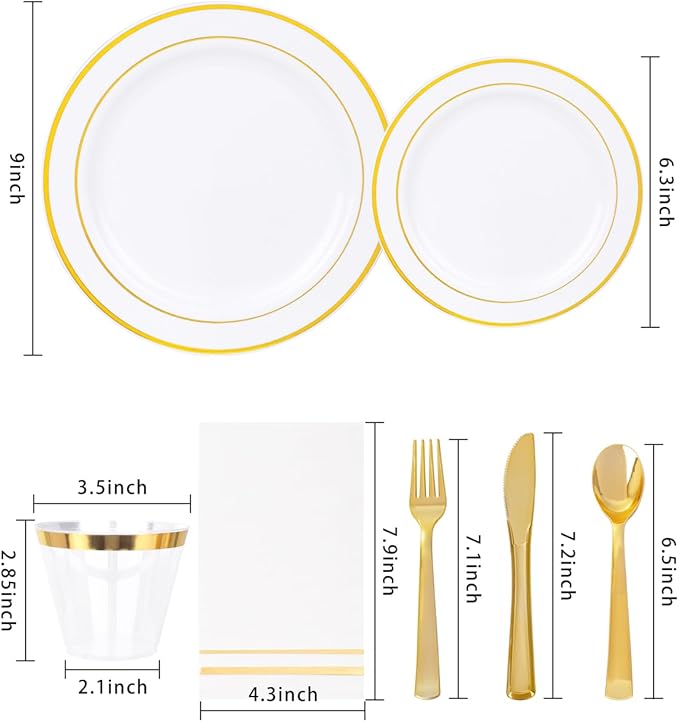 GATHER 700PCS Gold Plastic Plates - Whtie and Gold Disposable Dinnerware Sets 100Guest - 200 Disposable Plate, 300 Plastic Silverware, 100 Cups, 100 Napkins for Wedding & Party & Christmas