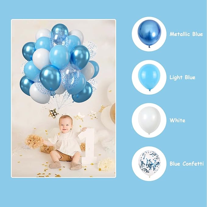 Blue and White Balloons, 12 Inch Light Blue White Latex Party Balloon Set Metallic Blue Balloons and Blue Confetti Helium Balloons for Kids Birthday Wedding Baby Shower Christening Party Decorations