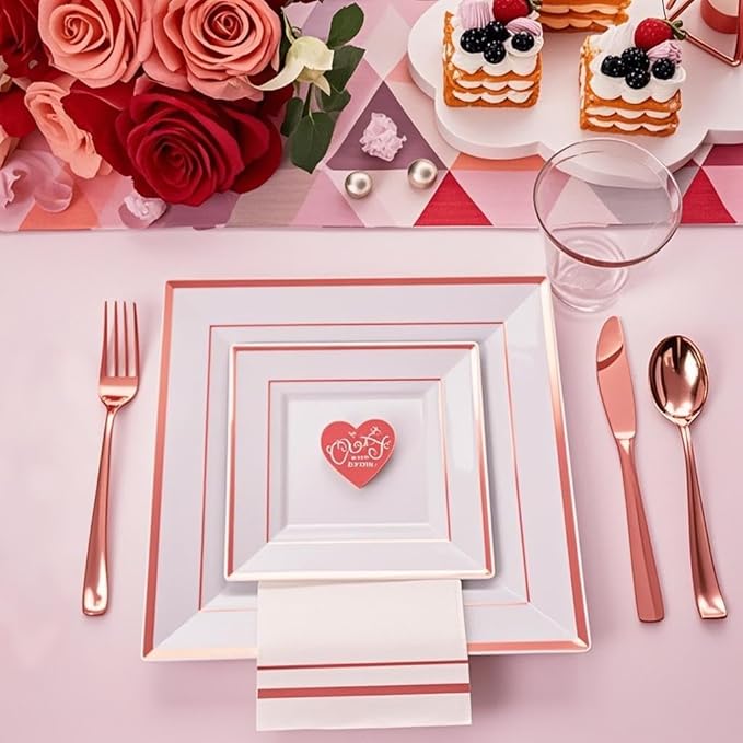 Festiva 350Pcs Rose Gold Plates and Napkins Party Supplies-Square White and Rose Gold Disposable Dinnerware include Plates Cups Cutlery Napkins for 50 Guests Wedding &Christmas Party&Mother's Day