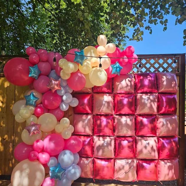 Hot Pink Square Balloons Wall, 10 PCS Magenta Foil Balloons Wall Double Sided Pink Balloon Wall Backdrop for Girls Bachelorette Birthday Bridal Shower Princess Party Decorations