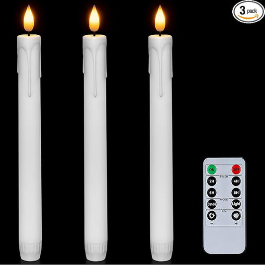 Homemory 3 Pcs Flameless Taper Candles with Remote Timer Dimmer, 9.6" White Flickering Candlesticks Battery Operated, Realistic Plastic LED Candles for Fireplace Wedding Seasonal Indoor Decorations