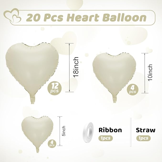 Cream Heart Balloons, Heart Shaped Ballons, 20 Pcs 5/10/18 inch Beige Foil Love Balloons for Valentine's Day Decorations Wedding Engagement Bridal Showers Anniversary Boho Celebrations