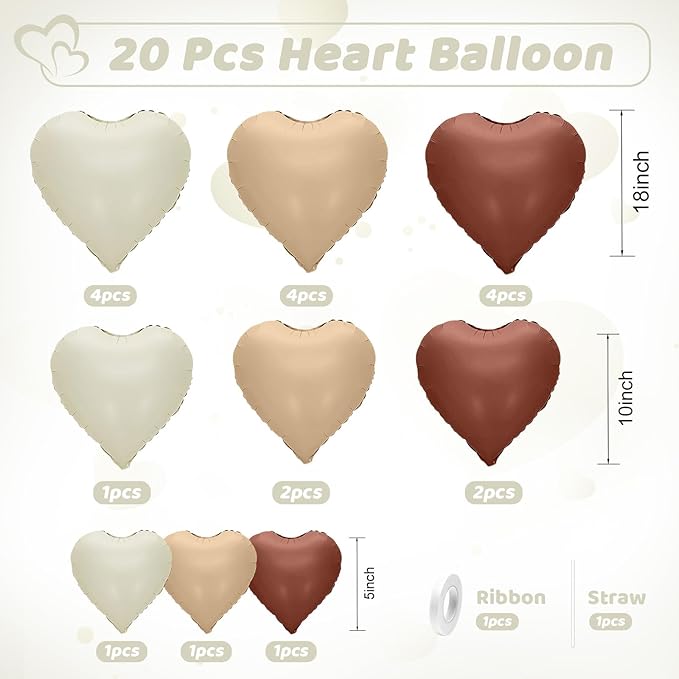 Brown Cream Heart Balloons, Heart Shaped Ballons, 20 Pcs 5/10/18 inch Apricot Beige Coffee Foil Love Balloons for Valentine's Day Wedding Engagement Bridal Showers Anniversary Celebrations