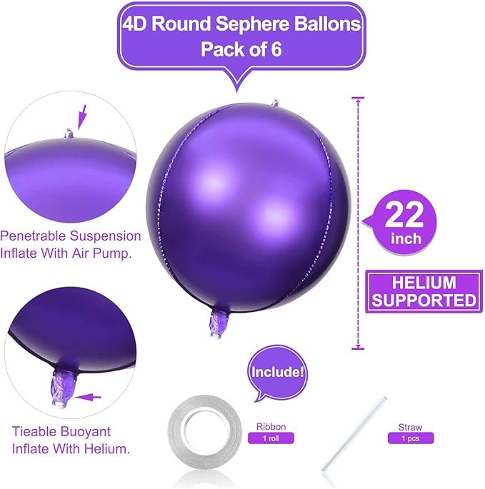 6 Pack 22 Inch 4D Purple Balloons Big Round Foil Balloons Purple Metallic Balloons for Wedding Birthday Bridal Shower Baby Shower Decorations Party Supplies