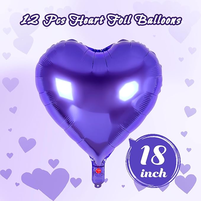 12 Pcs Heart Balloons,18 inch Purple Heart Foil Balloons Love Balloon Valentine Balloon for Birthday Party Wedding Engagement Party Baby Shower Valentine Day Decorations (purple)