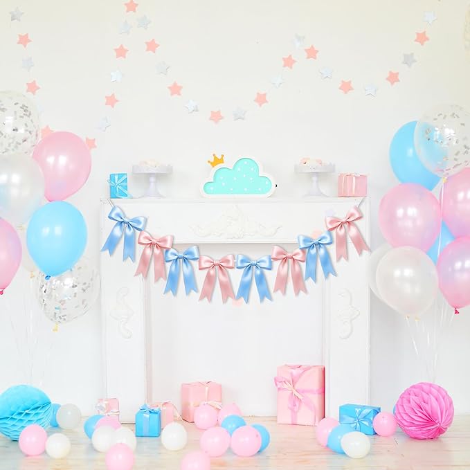 1 String of 8PCS Baby Pink&Baby Blue Bow Garland Banner Decoration,Pre-Strung Satin Ribbon Ornaments for Gender Reveal Party,Baby Shower,Birthday,Bridal Shower,Graduation Decor,Anniversary,Wedding