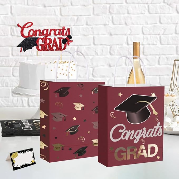 12 Pieces Graduate Gift Bags, Graduation Party Favor Gifts Wrapping Bags for Graduation Season Theme Party Supplies Decoration (Red Gold)