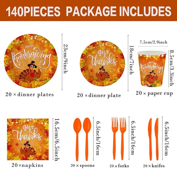 140Pcs, Thanksgiving Day Party Supplies Plates and Napkins Happy Thanksgiving Decorations Tableware Set Fall Birthday Decorations Give Thanks Turkey Paper Plates, Serve for 20