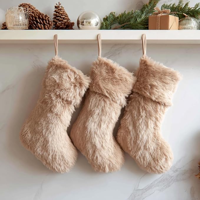 AISENO 3 Pack 18 Inch Christmas Stockings Beige Faux Fur Hanging Ornaments Candy Gift Bags for Christmas Decorations