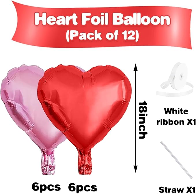 Pink Red Heart Balloons,12Pcs 18 Inch Light Pink Foil Love Heart Shaped Balloons for Valentines Day Birthday Wedding Engagement Anniversary Party Graduation Baby Shower Decorations