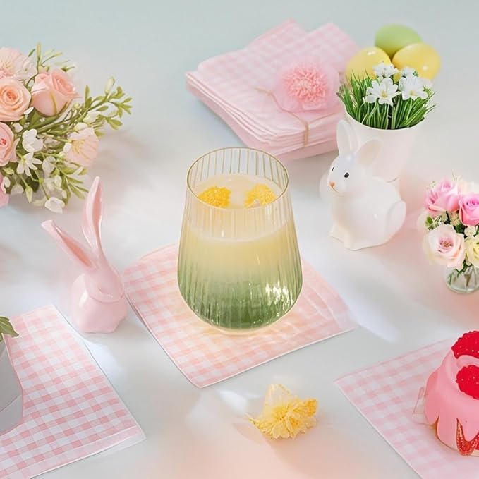 FLOWERCAT 100-Count 2-Ply Pink Checkered Cocktail Napkins Checkered - Pink Cocktail Napkins Disposable Premium Quality- 5“ x 5" Paper Napkins for Easter Party,Bar,Birthday,Mother's Day
