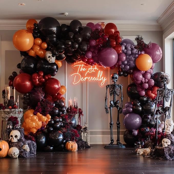 Halloween Balloon Arch Double Stuffed Black Purple Orange Balloons Burgundy Red Dark Mauve Plum Balloon Garland for Birthday Festival Baby Shower Indoor Outdoor Halloween Party Decorations