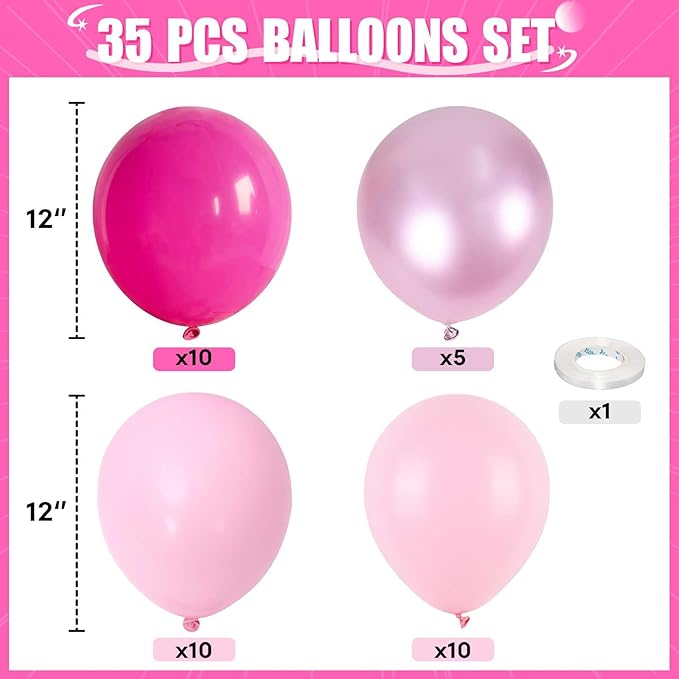 Pink Mixed Balloons Set, 12 Inch Hot Pink Pastel Light Baby Pink Metallic Pink Latex Balloons Party Balloons for Women Girls Birthday Baby Shower Princess Anniversary Party Decorations