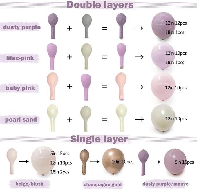 Dusty Purple Pink Balloon Arch Kit, Double Stuffed Lavender White Sand Pearl Balloon Garland with Pastel Pink Lilac Blush Gold Latex for Baby Shower Birthday Wedding Fall Party Decoration