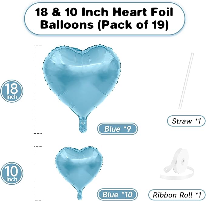 Blue Heart Balloons, 19PCS Light Blue Heart Shape Balloons, 18Inch with 10Inch Helium Foil Balloon Love Balloon for Birthday Baby Shower Wedding Engagement Valentines Party Decorations