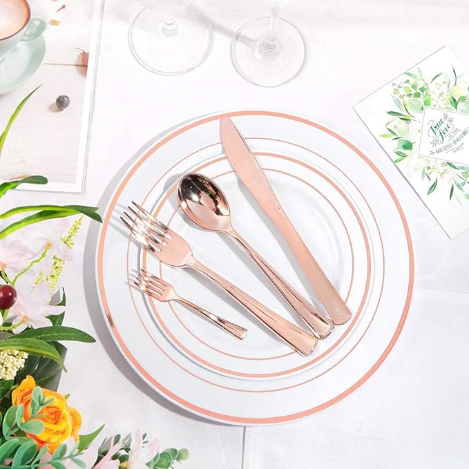 WDF 300 Pieces Rose Gold Plastic Silverware- Disposable Flatware Set - Heavy Duty Plastic Cutlery Includes 100 Forks, 100 Spoons, 100 Knives Perfect for Wedding, Party