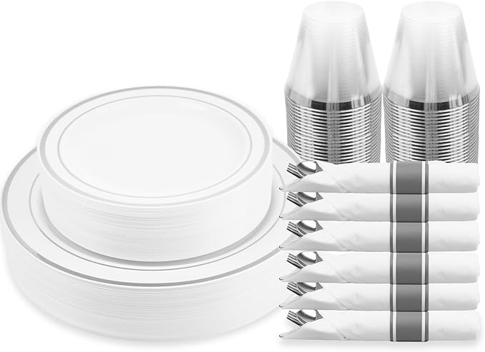 175 Piece Silver Dinnerware Set,25 Silver Rim Plastic Plates, 25 Cups,25 Pre Rolled Napkins with Plastic Silverware, Disposable Dinnerware Set for 25 Guest