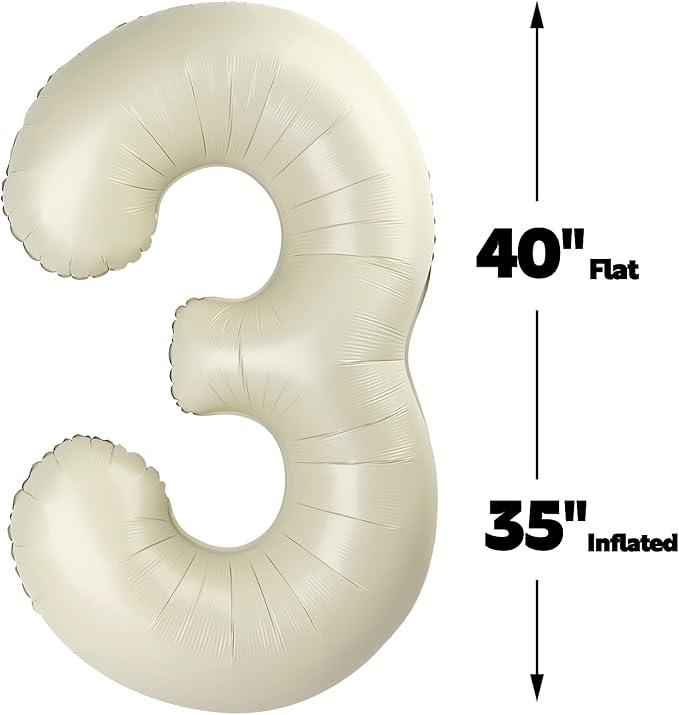40 Inch Cream White 3 Large Number Balloon, 3 13 23 30 33 36 38 Cream White Birthday Party Decorations, Number Three Foil Balloons for Anniversary Party Graduations Celebration Supplies