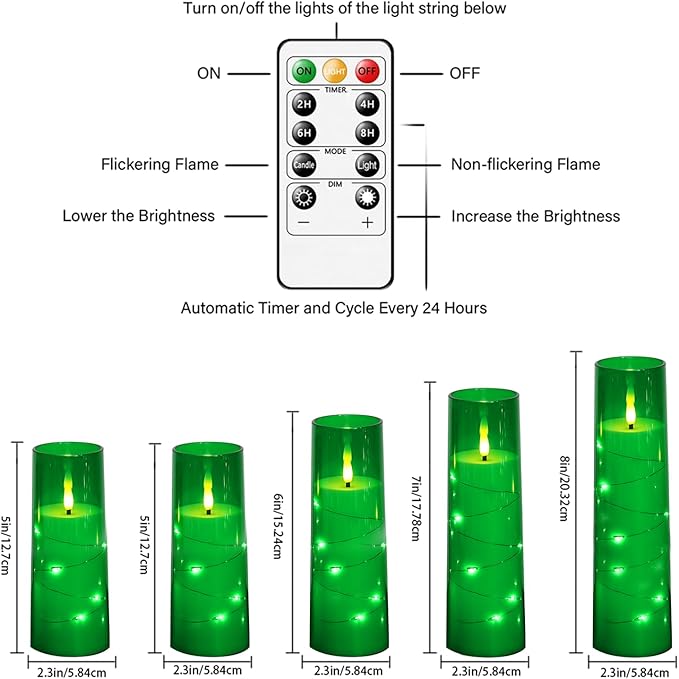 Flameless LED Candles with Timer 5 Pc Flickering Flameless Candles for Romantic Ambiance and Home Decoration Stable Acrylic Shell,with Embedded Star String，Battery Operated Candles（Green）
