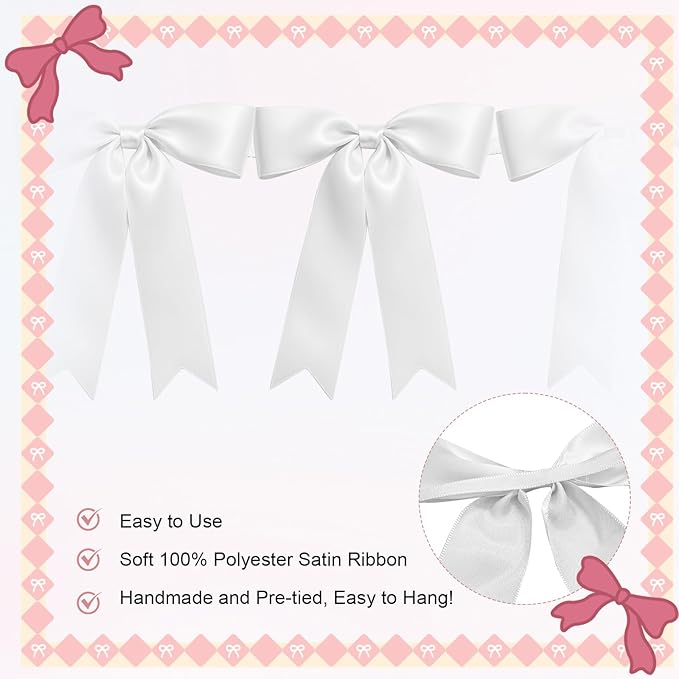 1 String of 8PCS White Bow Garland Banner Decoration,Pre-Strung Satin Ribbon Ornaments for Birthday,Bachelorette Party,Bridal Shower,Wedding, Engagement,Baby Shower,Graduation Decor,Anniversary