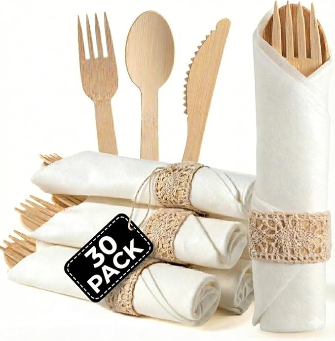 Pre Rolled Napkin and Bamboo Cutlery Set - 30 Pack Bamboo Utensils Wooden Cutlery 30 Forks 30 Knives 30 Spoons 30 Napkins, Pre Wrapped Disposable Silverware Cutlery for Party, Wedding, Events