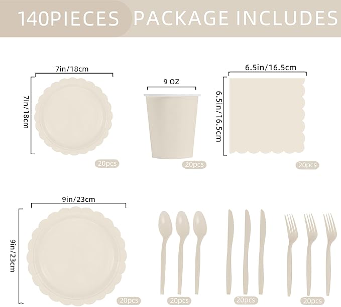 140Pcs Ivory Plates and Napkins, Beige Party Supplies Include Scalloped Cream Paper Plates Napkins Cups Thanksgiving Plate Set for Birthday, Wedding, Bridal&Baby Shower (Ivory white)