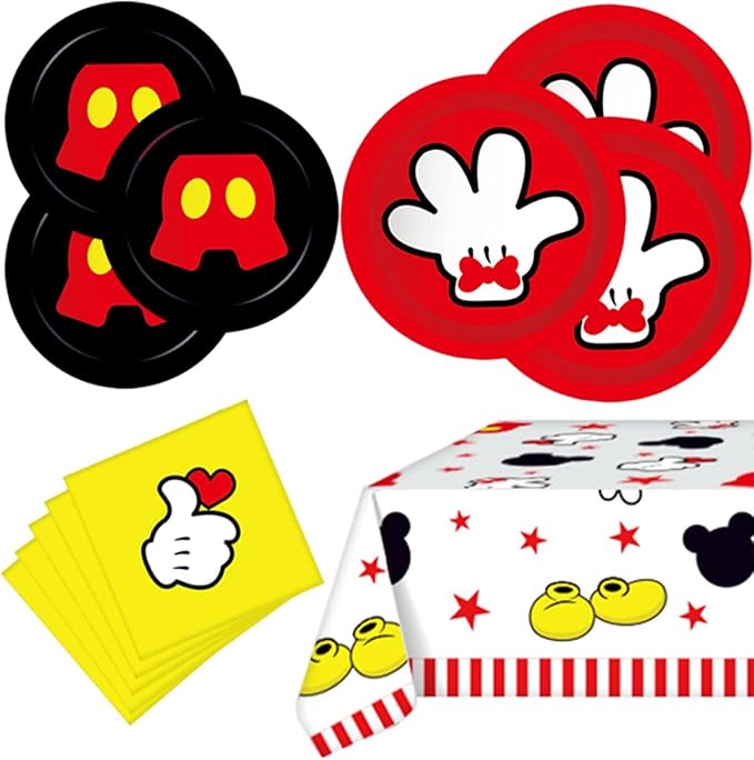 OULUN Mouse Theme Party Supplies Kit, 16 Paper Plates (8pcs 9 inch, 8pcs 7 inch), 20 Napkins, Table Cloth, Red, Mouse Cartoon, Birthday