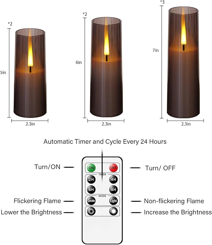Flickering Flameless Candles 7Pcs Upgraded Realistic Dancing Flame Battery Operated Candles,LED Candles with Remote and Timers,Acrylic Electric Pillar Candles for Festivals Decor(Grey)