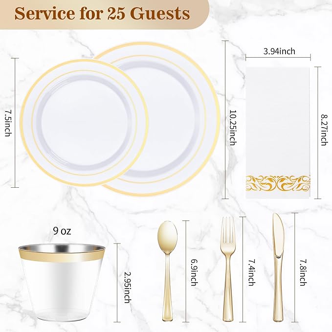 BESTVIP 175 PCS Gold Dinnerware Set for 25 Guests, Plastic Dinnerware Set for Party, Wedding, Christmas, Halloween, Include: 50 Plastic Plates, 25 Gold Silverware, 25 Cups, 25 Paper Napkins