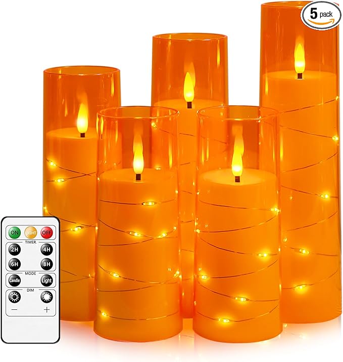 Flameless LED Candles with Timer 5 Pc Flickering Flameless Candles for Romantic Ambiance and Home Decoration Stable Acrylic Shell,with Embedded Star String，Battery Operated Candles（Orange）