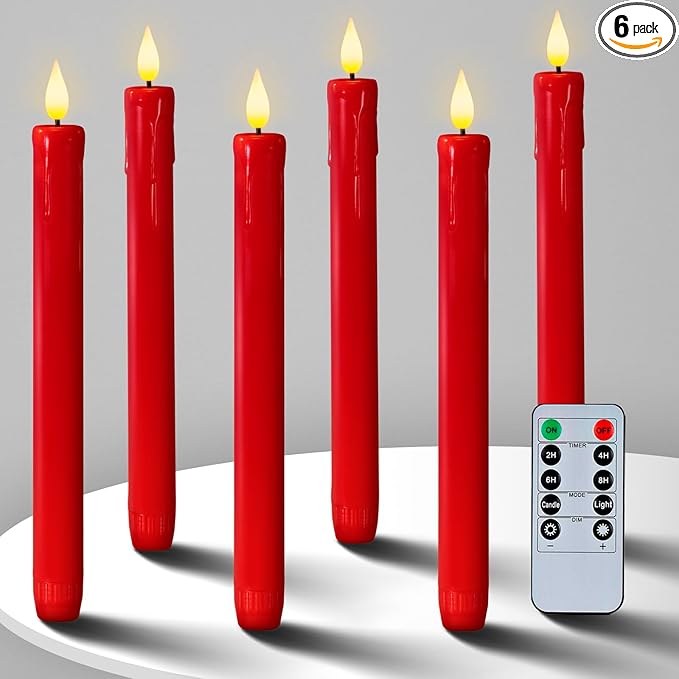 Homemory 6 Pcs Flameless Taper Candles with Remote Timer Dimmer, Red Battery Operated Candlesticks Flickering, Plastic Led Taper Candles Realistic, 9.6 Inches for Party Holiday Celebrations Christmas