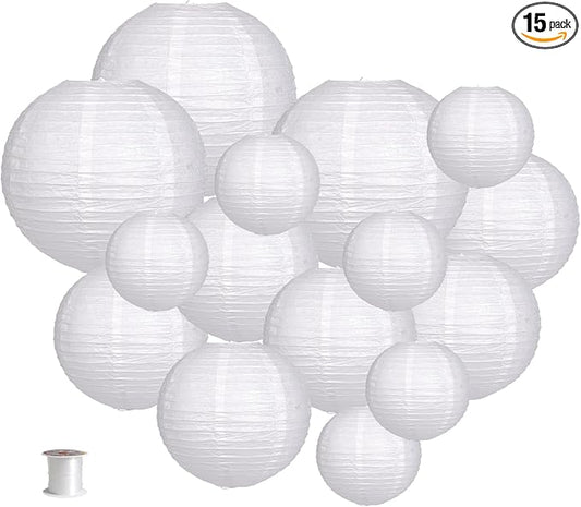 Paper Lanterns Party Decorations, Round Hanging Paper Lanterns Decorations for Graduation Engagement Wedding Birthday Party Supplies White 15pcs