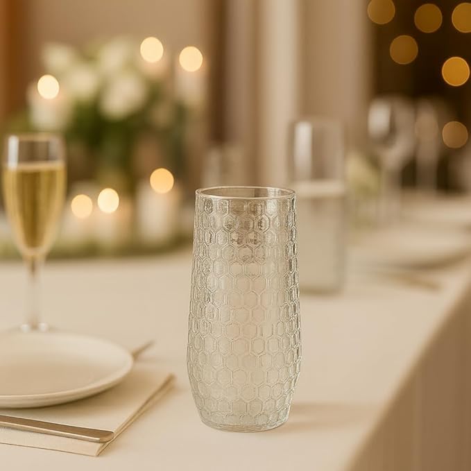 48 Pack Ribbed Origami Ripple Plastic Glasses 24 9oz Stemless Champagne Flutes & 24 12oz Cups BPA-Free, Disposable, Shatterproof Drinkware for Weddings, Bars, Events (Hammered Diamond Clear)