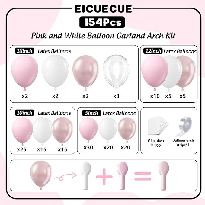 Pink and White Balloons Garland Arch Kit 154Pcs - 5 10 12 18 22 inch Balloon and Confetti Latex Balloons for Wedding Girls Birthday Anniversary Baby Shower Bachelorette Party Decorations