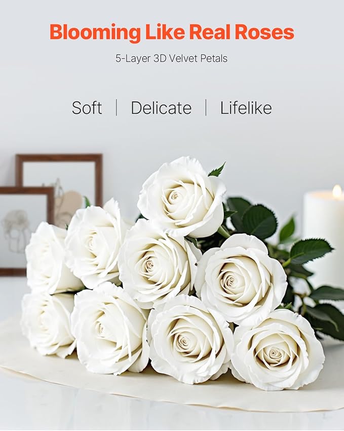 VEVOR Artificial Flowers, 120 pcs Real Looking White Foam Fake Roses Bulk, White Faux Bridal Shower with Stems for DIY Wedding Bouquets, Home Centerpieces Arrangements, Party Tables Decorations