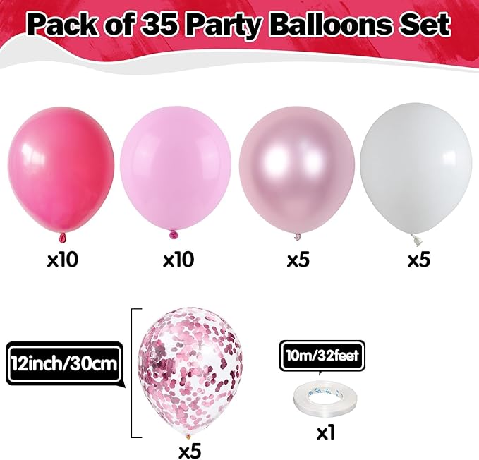 Pink Balloons Set 12 Inch Hot Pink and White Balloons 35 Pcs Rose Red Light Metallic Pink Confetti Balloon for Girls Women Princess Valentines Engagement Wedding Baby Shower Birthday Party Decorations