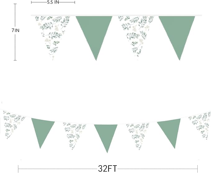 32Ft Sage Green Leaves Party Decorations Green Leaves Triangle Flag Fabric Banner Pennant Bunting Garland Streamers for Birthday Wedding Baby Bridal Shower Jungle Safari Summer Spring Garden Decor