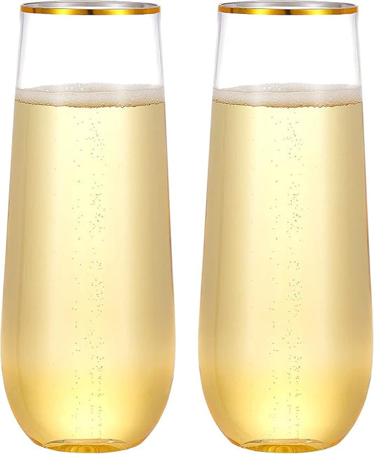 N9R 24PCS Plastic Champagne Flutes, 9 Oz Stemless Disposable Gold Rim Toasting Glasses, Crystal Clear Cocktail Cups Drinkware Shatterproof Ideal for Party Wedding Birthday