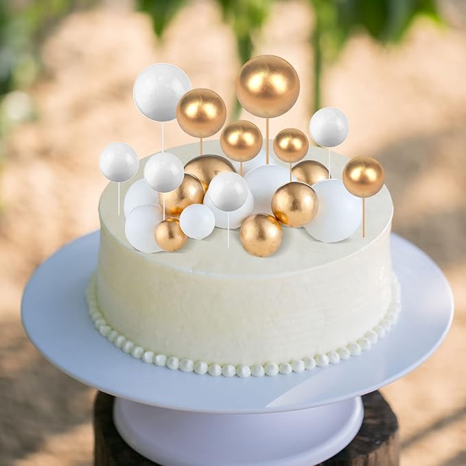 108 Pcs Balls Cake Topper DIY Cupcake Insert Foam Balloons for Cake Baking Wedding Anniversary Birthday Decoration(White, Gold,Multi Sizes)