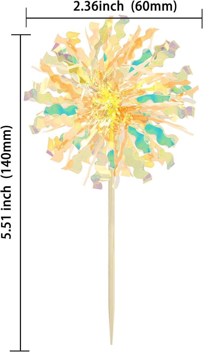 Ephlyn 30Pcs Foil Firework Cupcake Toppers Sparkle Tinsel Drink Birthday Cake Decorations Cocktail Food Fruit Toothpick for New Years Wedding Birthday Party Decorations Yellow