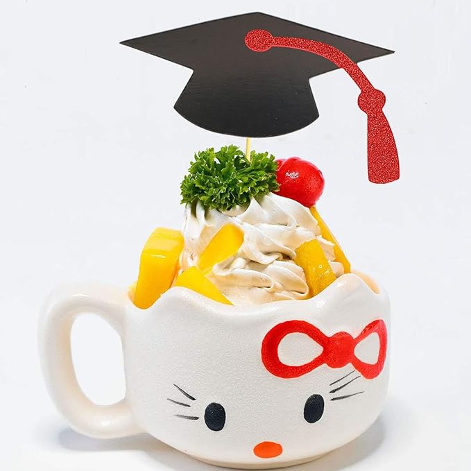 2025 Graduation Cupcake Toppers, 48 PCS Food/Appetizer Picks For Graduation Party Mini Cake Decorations, Diploma, 2025, Grad Cap Set 48 Pieces (03 Red)