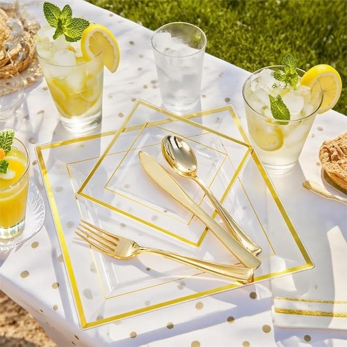 Festiva 350Pcs Clear Plastic Plates with Gold rim - Clear Gold Disposable Dinnerware for 50 Guests includeSquare Plastic Plates/Cups/Cutlery/Napkins Perfect for Thanksgiving Party&Wedding &Xmas