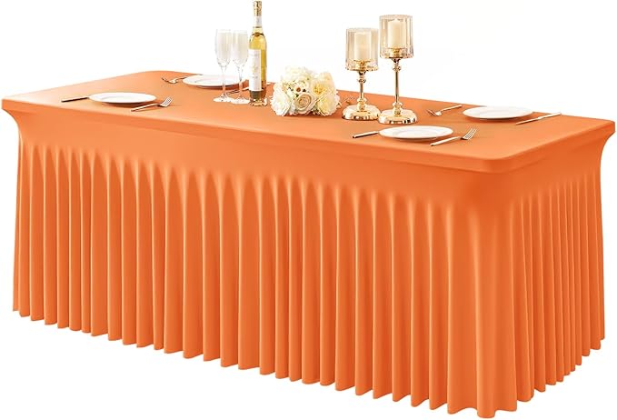 1 Pack Orange Table Clothes for 8 Foot Rectangle Tables, One-Piece Wrinkle Resistant Stretch Spandex Table Covers with Skirt for Event Banquet Wedding Birthday Party