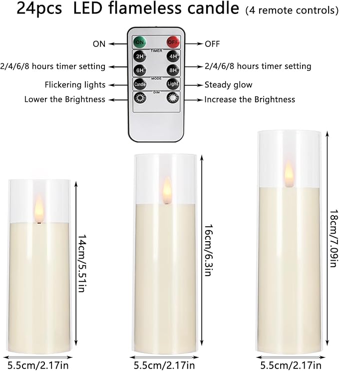 Flickering Flameless Candles Battery Operated with Remote and 2/4/6/8 H Timer Plexiglass Led Pillar Candles with Realistic Moving Wick Candles for Home Decor Pack of 48(D2.2"xH 5"6"7")(Ivory)