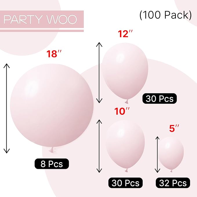 PartyWoo Pale Pink Balloons 100pcs Different Sizes of 18 12 10 5 Inch Light Pastel Baby Pink Balloon Arch Kit for Engagement Bachelorette Baby Shower Easter Birthday Party Decorations Pink-Q01