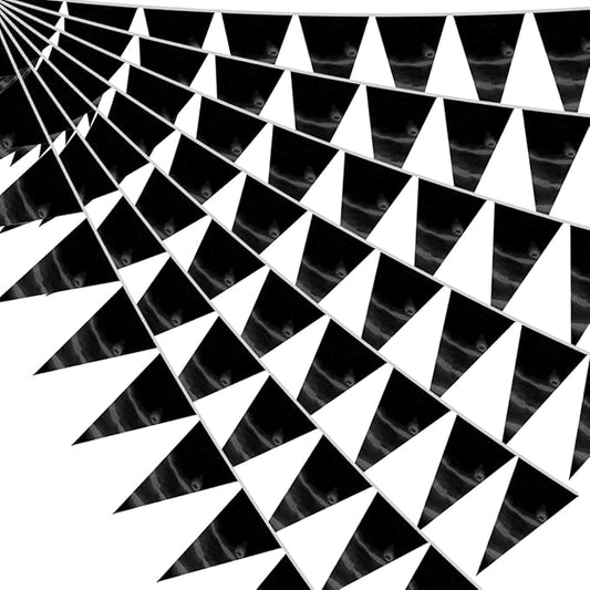 20M/65FT Black Triangle Pennant Banner Flag Metallic Fabric Bunting Garland for Christmas Graduation Birthday Wedding Engagement Bachelorette Holiday Halloween Celebration Hen Party Supplies